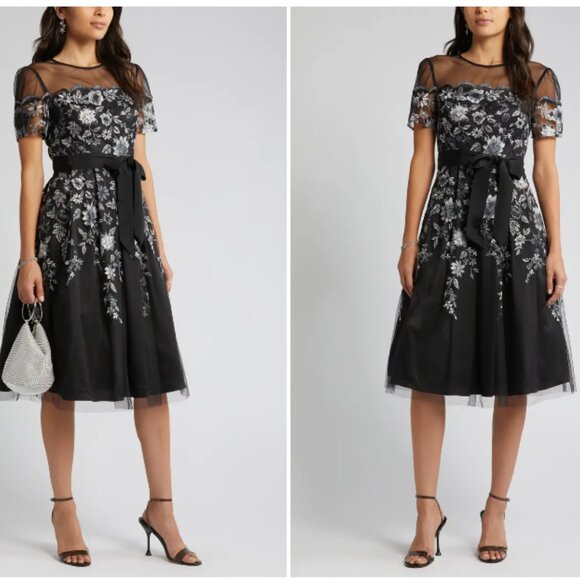 ELIZA J EMBROIDERED ILLUSIONS NECK BLACK DRESS sz 14 - Picture 5 of 5